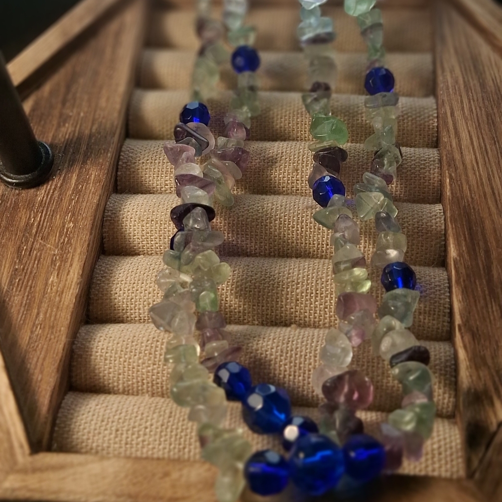 Multicolor Fluorite Chip Necklace with Deep Blue Accent Beads